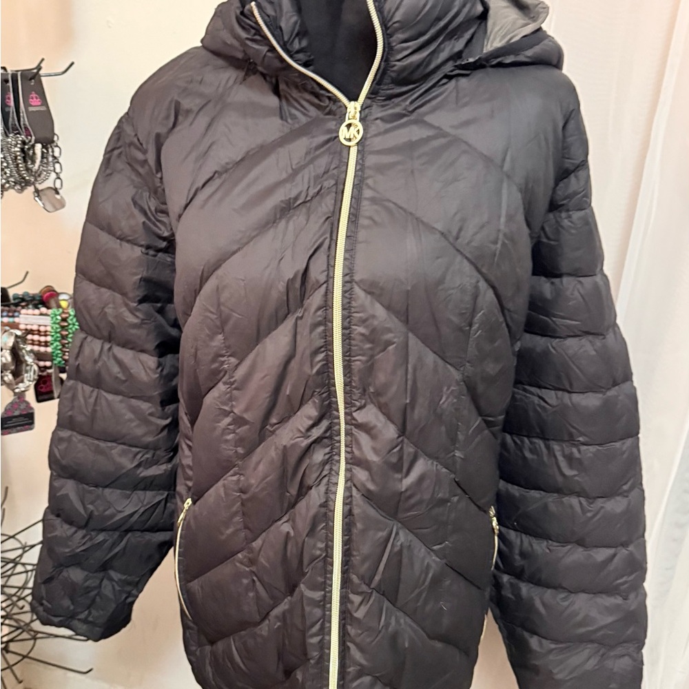 Michael Kors Black Quilted Puffer Jacket with Gold Hardware